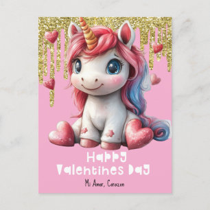 Hearts Valentines Day Unicorn Pink Postcard