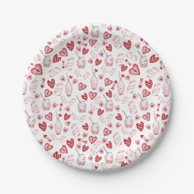 Hearts valentines watercolour party plate (Front)