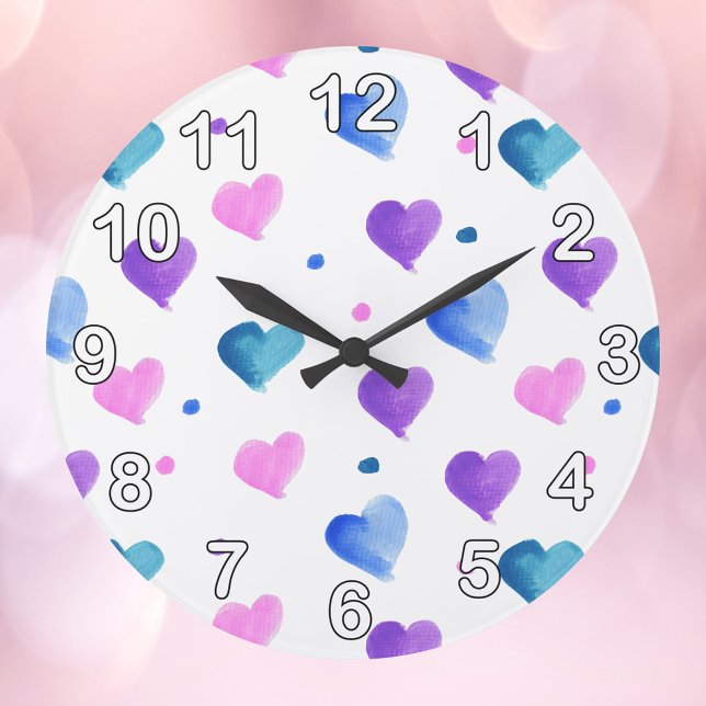 Hearts Watercolor Dots Pink Blue Purple Large Clock (A clock with watercolor hearts and polka dots in pink, blue and purple.)