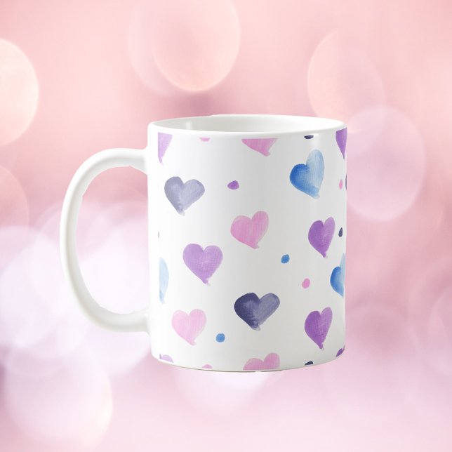 Hearts Watercolor Pattern Pink Blue Purple Coffee Mug (A cute mug with a watercolor pattern of blue, pink and purple hearts and dots.)