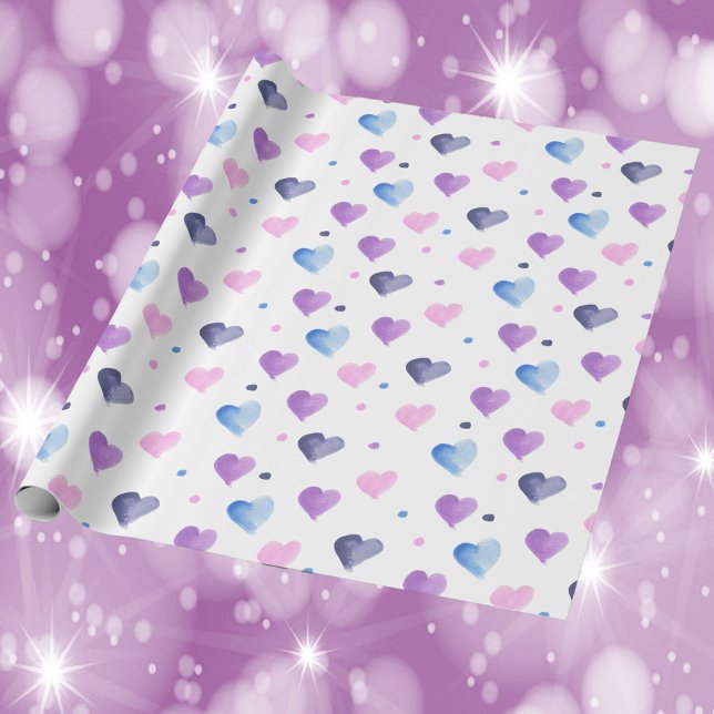 Hearts Watercolor Pattern Pink Blue Purple Wrapping Paper (Gift wrapping with a heart and polka dot pattern done in pink, blue and purple.)
