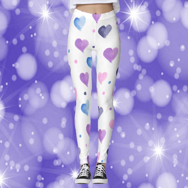 Hearts Watercolor Pattern Pink Purple Blue Leggings (A pair of leggings with a watercolor pattern of pink, blue and purple hearts and dots.)