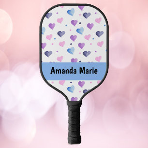 Hearts Watercolor Personalise Pink Blue Purple Pickleball Paddle