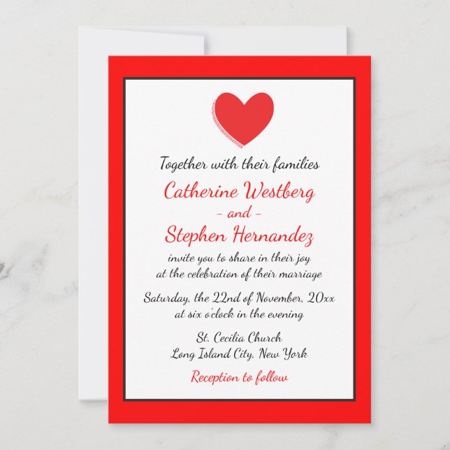 Hearts Wedding Invitation Red, Black & White (Front)