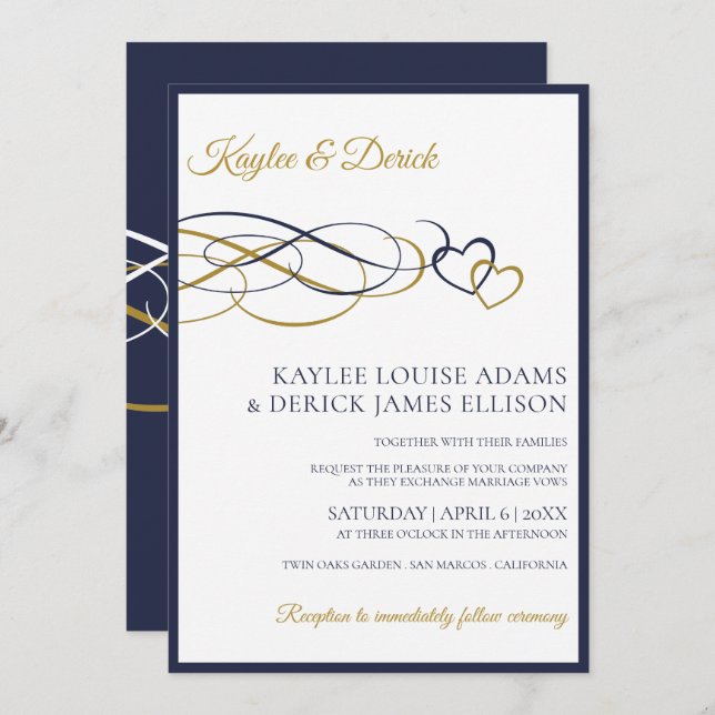 Hearts Wedding Invitations | Dark Navy Blue & Gold (Front/Back)