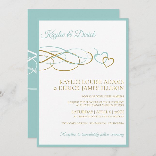 Hearts  Wedding Invitations | Lt Turquoise & Gold (Front/Back)