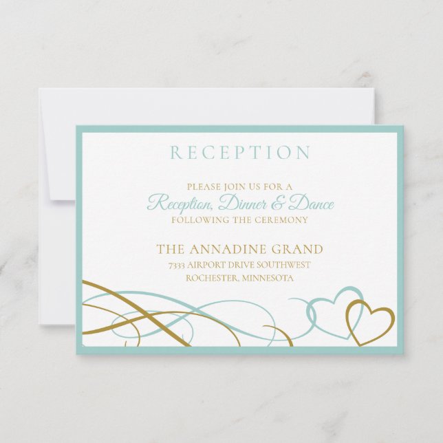 Hearts Wedding Reception Cards - Turquoise & Gold (Front)