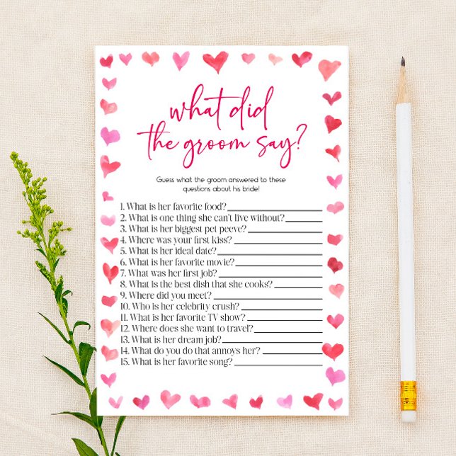 Hearts What Did The Groom Say? Bridal Shower Game  Stationery (Creator Uploaded)