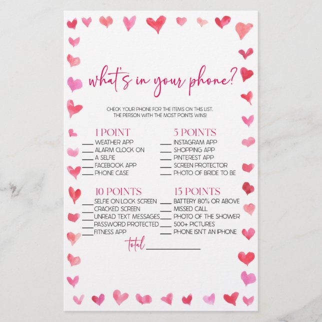 Hearts What's In Your Phone? Bridal Shower Game  Stationery (Front)