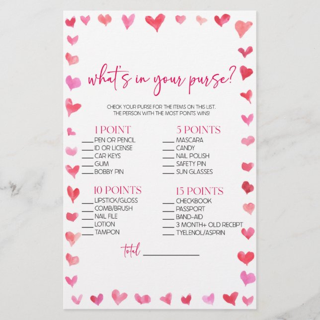 Hearts What's In Your Purse? Bridal Shower Game  Stationery (Front)
