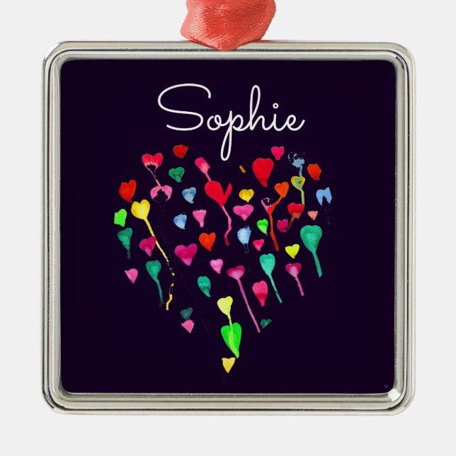 Hearts whimsical personalised name heart art metal tree decoration (Front)