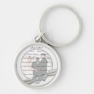 Hearts White Wedding Round  Silver KeyChain