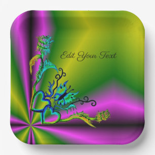 Hearts with Flowers and Butterfly in Tattoo Style Paper Plate