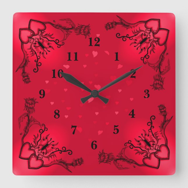 Hearts with Flowers and Butterfly in Tattoo Style Square Wall Clock (Front)