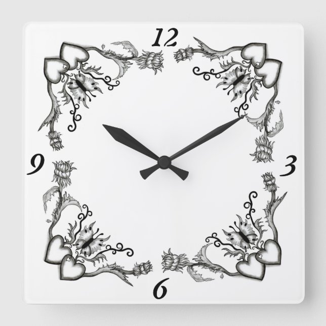 Hearts with Flowers and Butterfly in Tattoo Style Square Wall Clock (Front)