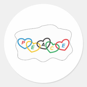 Hearts with Olympic colours and text "peace" Classic Round Sticker