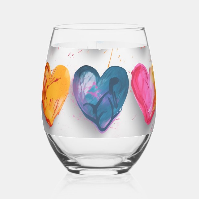 Hearts with sketch marks and drips stemless wine glass (Front)