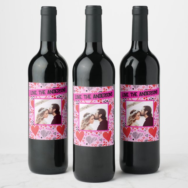 Hearts, XOXO Pink Pattern, Personalised Name Photo Wine Label (Bottles)