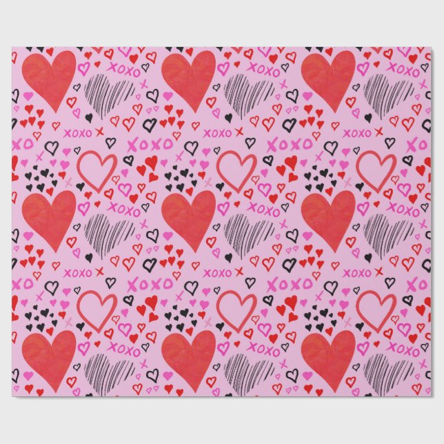 Hearts, XOXO Pink Pattern Wrapping Paper (Flat)