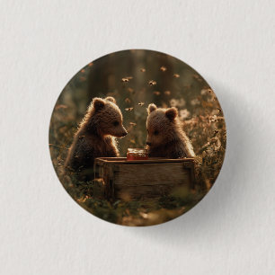 Heartwarming Bear Cubs and Honey Jar in Forest 3 Cm Round Badge