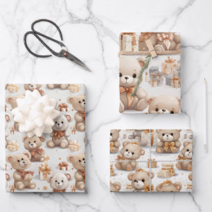 Heartwarming Christmas Teddy Bears Pattern Wrapping Paper Sheet