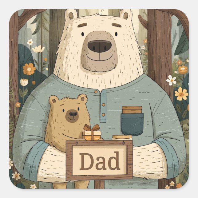 Heartwarming Father's Day Illustration of Bears Square Sticker (Front)