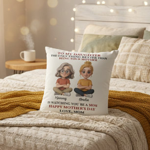 Heartwarming Mother Daughter Cartoon Red Quote  Cushion