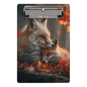 Heartwarming Red Fox Pair in Autumn Forest Leaves Mini Clipboard