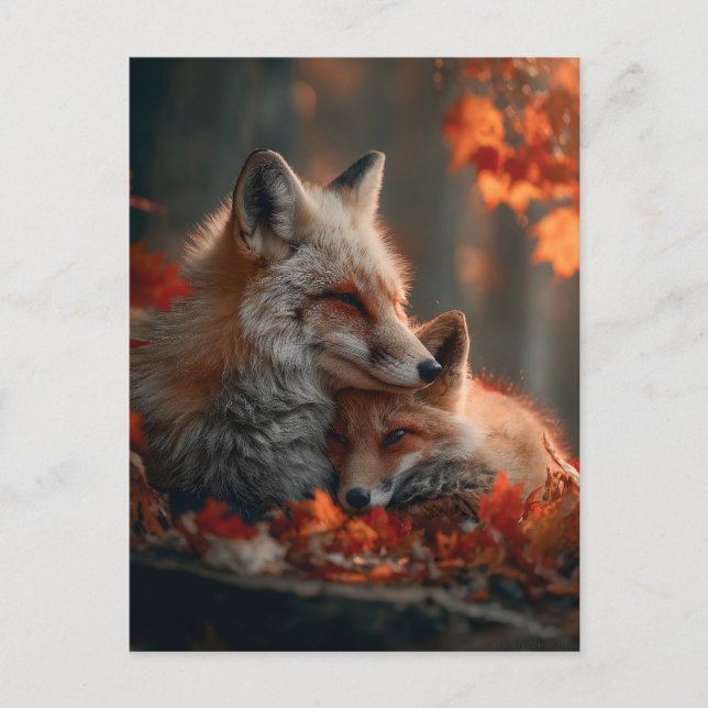 Heartwarming Red Fox Pair in Autumn Forest Leaves Postcard (Front)