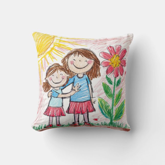 Heartwarming Sisterly Love Crayon Drawing Cushion (Front)