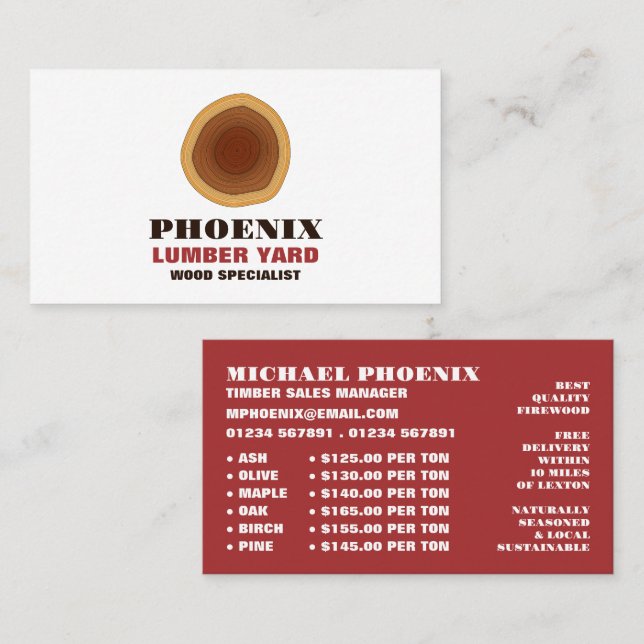Heartwood Logo, Lumber/Timber/Wood Yard Business Card (Front/Back)