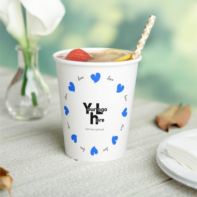 Hearty Hearts Blue - Custom Text and Logo Paper Cups (Insitu)