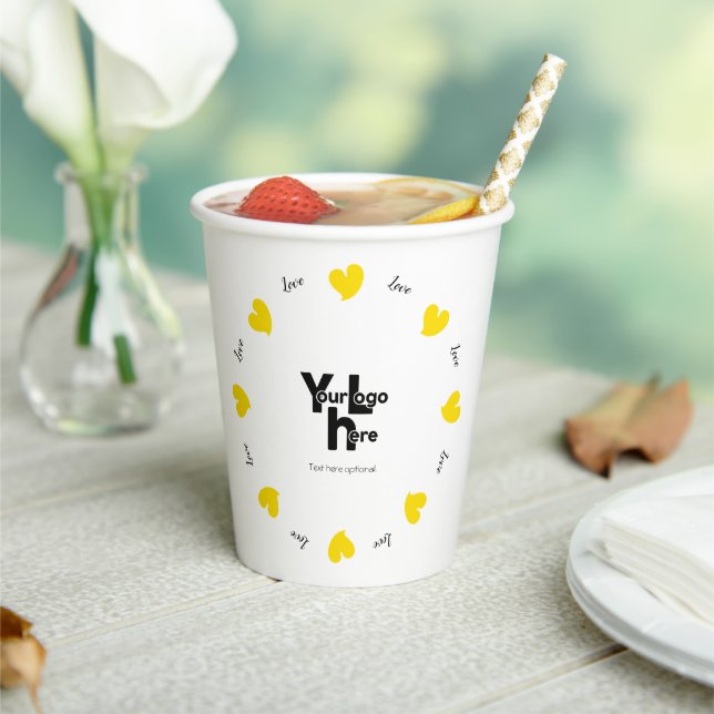 Hearty Hearts Yellow - Custom Text and Logo Paper Cups (Insitu)