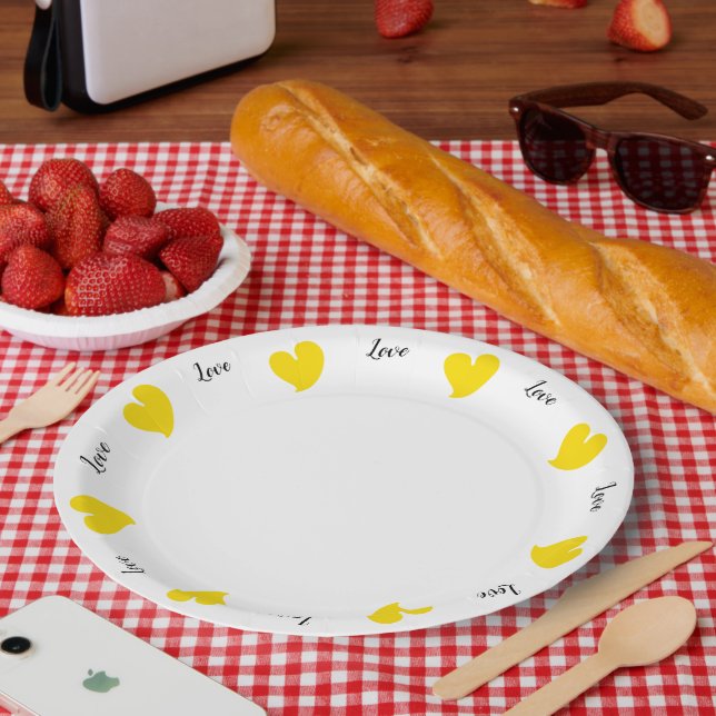 Hearty Hearts Yellow - Custom Text Paper Plate (Picnic)