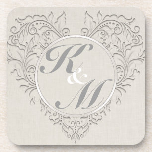 HeartyChic Natural Linen Damask Heart Coaster