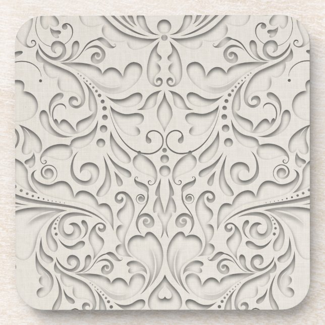 HeartyChic Natural Linen Damask Heart Coaster (Front)