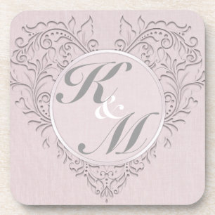 HeartyChic Pink Linen Damask Heart Coaster