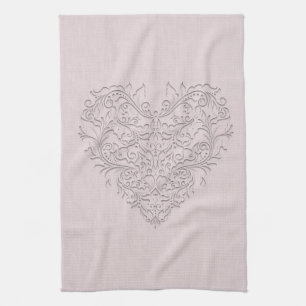 HeartyChic Pink Linen Damask Heart Tea Towel
