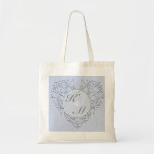 HeartyChic Sky Blue Linen Damask Heart Tote Bag
