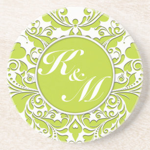 HeartyParty Lime Green And White Damask Heart Coaster
