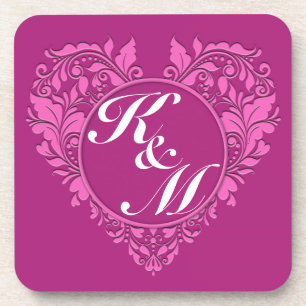 HeartyParty Pink And Cherry Damask Heart Coaster