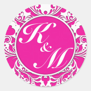 HeartyParty Pink Magenta And White Damask Heart Classic Round Sticker