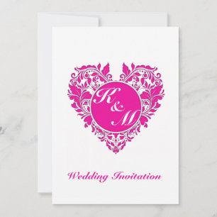 HeartyParty Pink Magenta And White Damask Heart Invitation