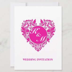 HeartyParty Pink Magenta And White Damask Heart Invitation
