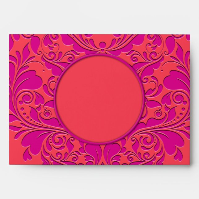 HeartyParty Raspberry and Magenta Damask Heart Envelopes (Front)
