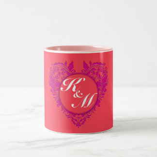 HeartyParty Raspberry and Magenta Damask Heart Two-Tone Coffee Mug