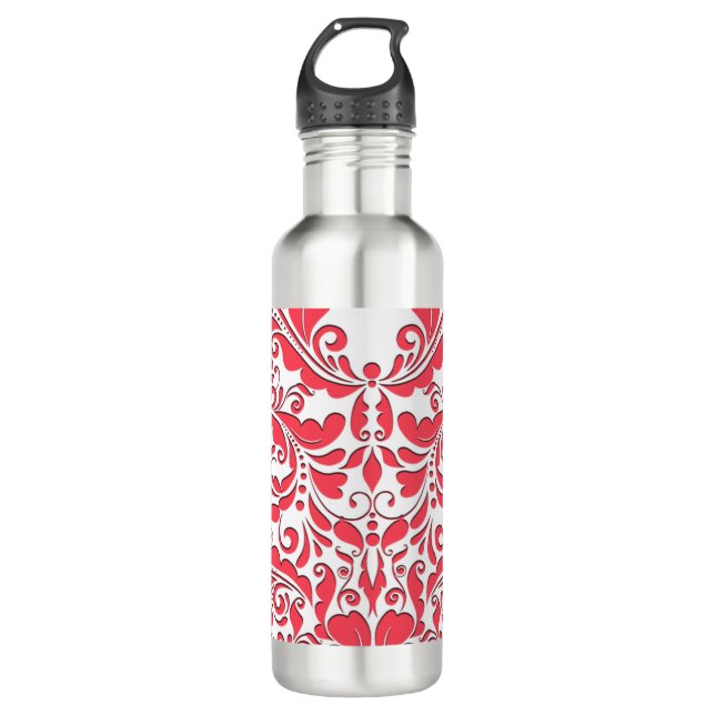 HeartyParty Raspberry Red And White Damask Heart 710 Ml Water Bottle (Front)