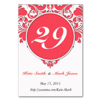 HeartyParty Raspberry Red And White Damask Heart Table Number