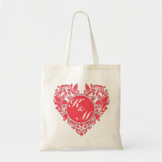 HeartyParty Raspberry Red And White Damask Heart Tote Bag