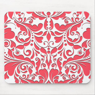 HeartyParty Raspberry Red & White Damask Heart Mouse Pad